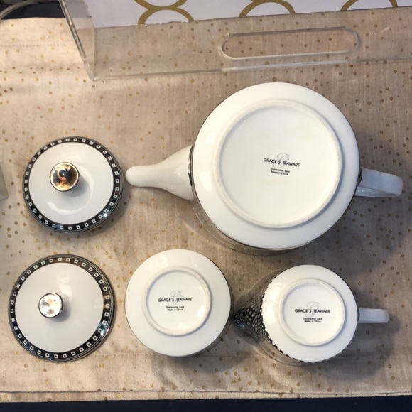 Grace’s Teaware silver geometric teapot, sugar, & creamer set. Good condition. - Picture 12 of 16